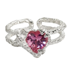 Adjustable silver ring with heart-shaped pink gem and unique molten lava texture