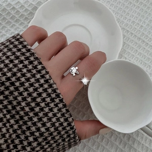 Detailopname van een zilveren berenring met sterzirkon op een model vinger