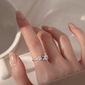 Bague Ouverte en Argent Sterling 925 Motif Ours Avec Zircone Carrée Bijoux Ajustables Pour Femmes Filles Cadeau Doux