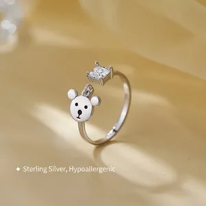 Bague ours en argent sterling 925 avec pierre carrée et anneau ouvert pour femme