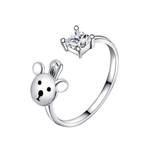 Bague ajustable en argent 925 avec zircon carré et charm en forme d'ours mignon