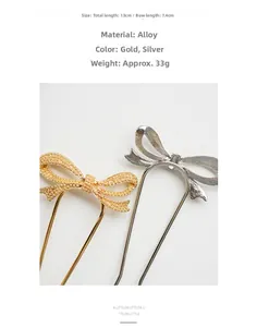 Detailed view of alloy bow-knot hairpins in gold and silver showing 13cm length
