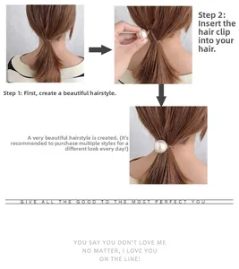 Three-step tutorial showing how to insert the elegant pearl hair fork into a ponytail