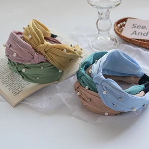 Korean Style Pleated Fabric Twisted Knot Headband With Faux Artificial Pearl And Silver Beads Sweet Wide Headband For Women Hair Accessory