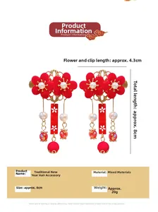 Détails de pinces à cheveux à fleurs rouges avec perles, filigrane doré et glands