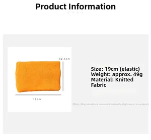 Detail view of elastic knitted orange headband with 19cm x 12.5cm dimensions and 49g weight