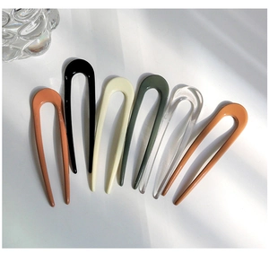 U-shaped resin hair pins set in six colors including brick red, black and green