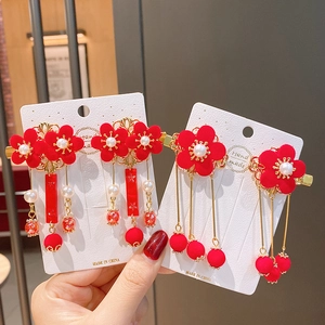 Barrettes chinoises traditionnelles fleurs rouges avec glands pour filles