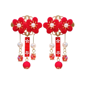 Barrettes à cheveux traditionnelles chinoises avec fleurs rouges et longs glands