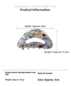 Detail showing dimensions of the floral pattern acetate hair claw clip with measurements