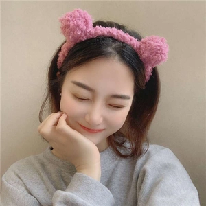 Cute pink teddy fleece bear ear headband for women, soft plush hair accessory for washing face