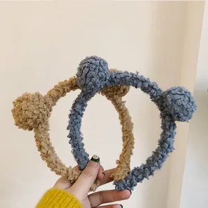 Cute teddy plush bear ears headbands in khaki and grey blue for face washing or makeup