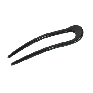 Minimalist U-shaped black resin hair pin with double prongs and polished finish