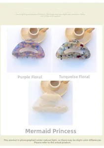 Detailed close-up of acetate hair clips in purple floral, speckled, and pearlescent finishes