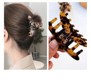 Detail of medium acetate leopard print hair claw clips showing texture and grip design