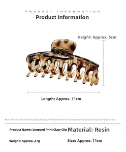 Dettaglio della molletta per capelli leopardata con indicazioni di 11cm di lunghezza e 5cm