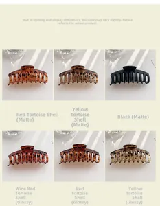 Dettaglio di sei mollette per capelli in finiture tartarugate opache, lucide e nere