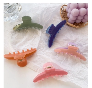 Set of five colorful acetate hair claws in Morandi colors displayed on white paper