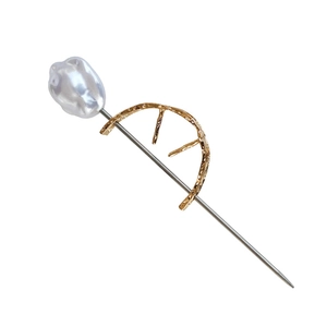 Minimalist curved metal hair pin with baroque pearl and gold textured finish