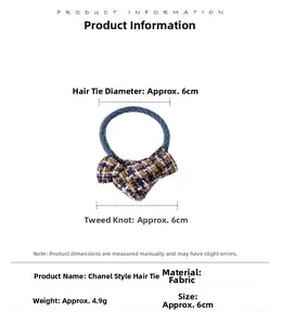 Detailed view of tweed bow hair tie with dimensions and product specifications