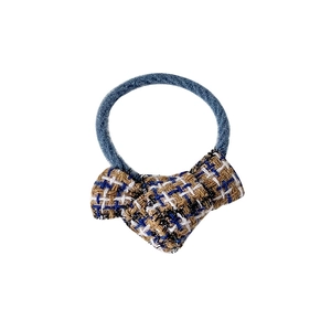 Elegant tweed bow hair tie with blue elastic band for women, classic checkered pattern