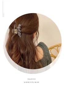 Detailed view of gray acrylic round circles hair claw clip on female hair model