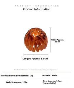 Detailed size chart for amber bird's nest hair clip with precise weight and measurements
