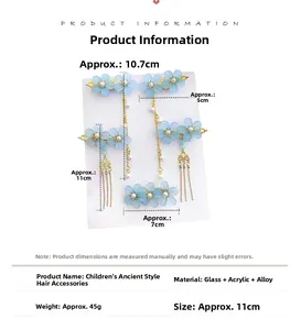 Detailed blue traditional hair clip set with glass petals, pearls and gold tassels