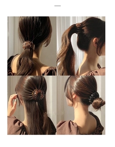 Hair bun maker styling tool showing ponytail and bun hairstyle effects in four views