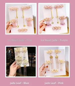 Detail of floral hair clips with long tassels and beads for traditional hanfu dresses