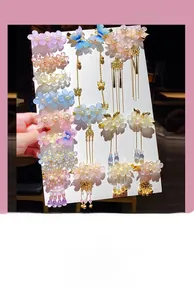 Detail of five-piece butterfly floral hair clips with tassels for girls and children