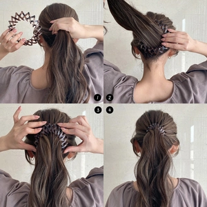 Bird nest hair claw clip with tortoise shell pattern showing four steps of hair styling