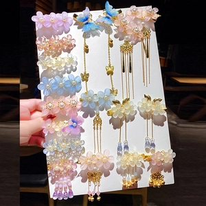 Classic Chinese floral hair clip set with butterfly tassels and colorful faux pearls