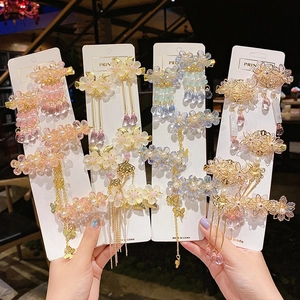 Traditional princess floral hair clip set with long tassels and pearls for girls