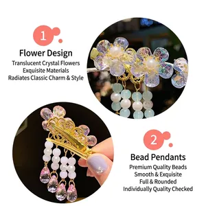 Chinese style princess hair clip set with floral crystal petals and pearly tassel details