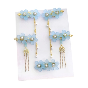 Sky blue floral hair clip set with long tassels and pearls for girls hanfu style