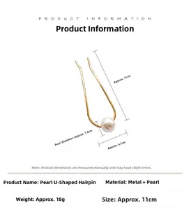 Détails des dimensions de l'épingle à cheveux en U en métal et de la grande perle