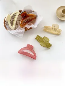 Detailed view of five assorted candy-colored resin hair claws in a decorative setup