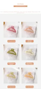 Detailed grid view of crescent resin hair claws in peach, green, white, and pastel orange