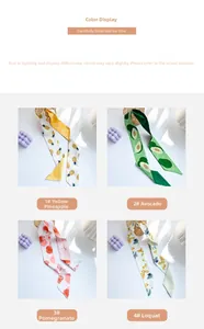 Détail de longs foulards étroits avec des motifs d'ananas, d'avocat et de grenade