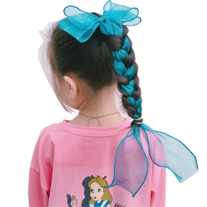 Vibrant blue organza hair bow with long ribbons for girls hairstyle decoration