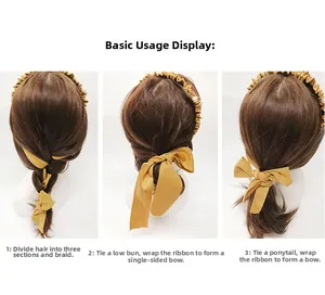 Guide de coiffure en 3 étapes pour bandeau en satin jaune avec perles et ruban long