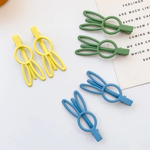 Macaron color rabbit ear hair clips in yellow, green, and blue for girls and teens
