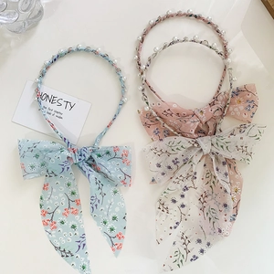 Serre-Tête Élégant à Nœud Floral Pour Femmes Avec Long Ruban Künstliche Perles d'Imitation Strass Serre-Tête en Tissu Doux