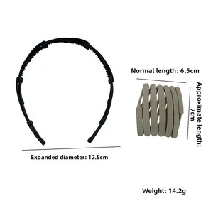 Foldable resin headband showing expanded and retracted sizes with detailed measurements