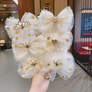 Kids Mesh Bow Hair Clips With Gold Crown Rhinestone Pompom Girls Princess Sweet Hairpin Tulle Bowknot Hair Accessories For Party