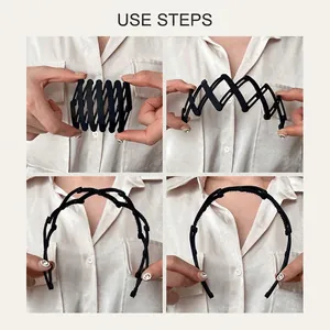 Foldable non-slip hairband for women showing step-by-step expansion and compact design