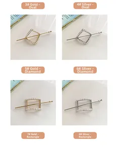 Detail view of pearl-inlaid geometric hairpins in gold and silver finish styles