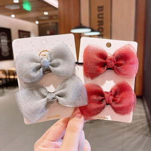 Set of four mesh bow hair clips in grey and dark red with glitter finish for girls