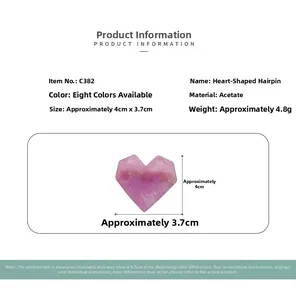 Fiche détaillée de la pince à cheveux cœur en acétate avec dimensions 4cm sur 3,7cm